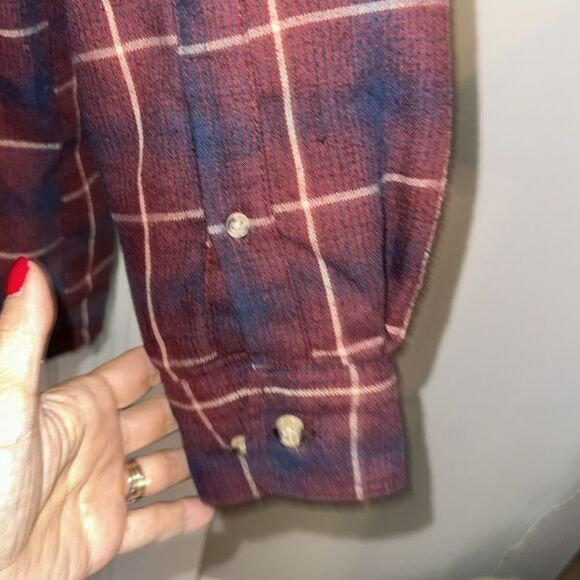 David Brook maroon/navy blue plaid flannel shacket with knit waffle weave lining - Picture 7 of 11
